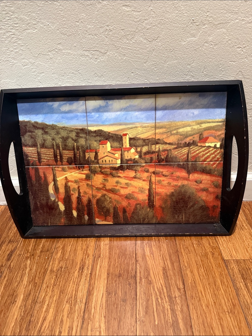 Black Framed Tuscan Landscape Wall Art - Red and Brown Accent